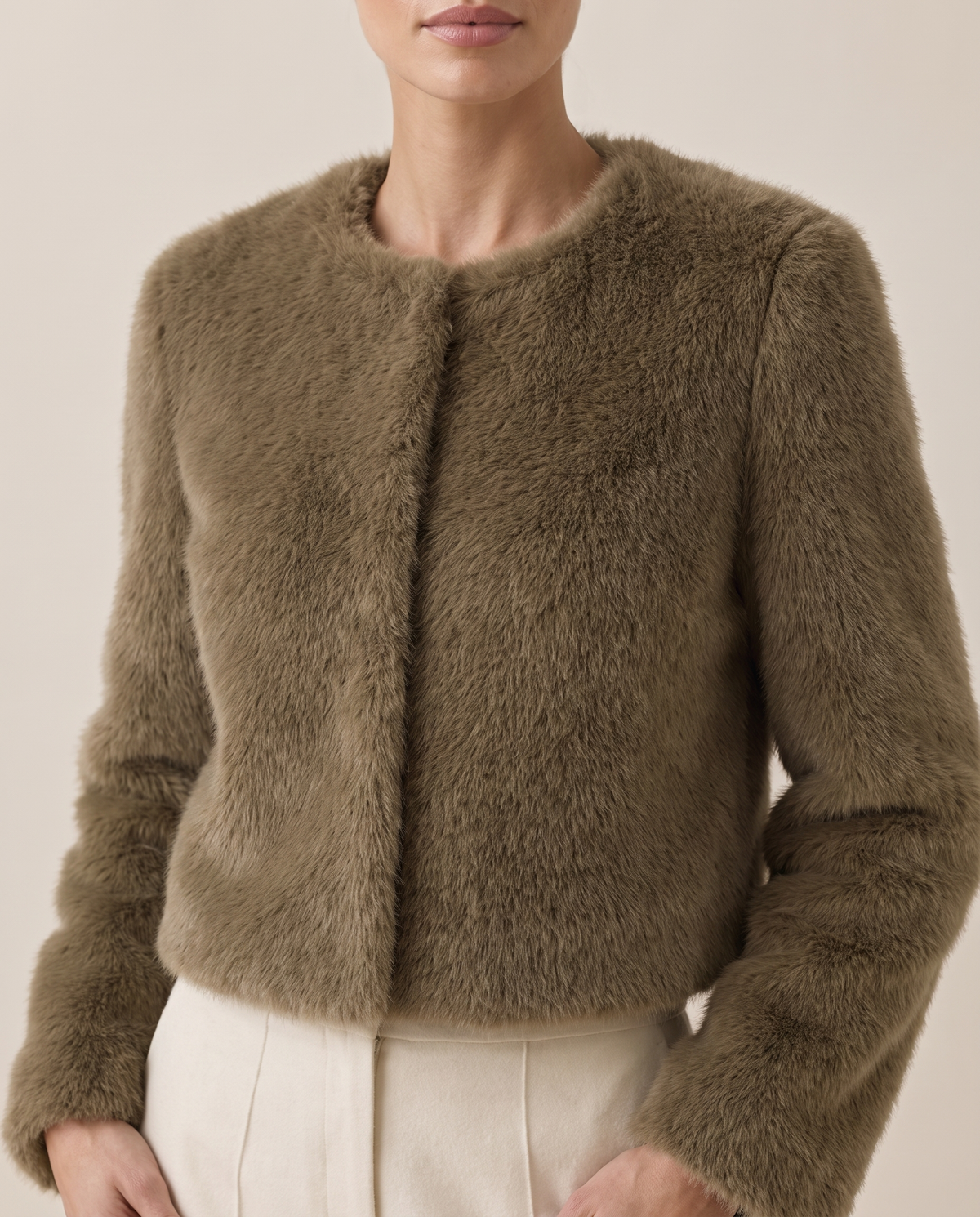 Cropped Faux Fur Jacket with Hidden Closure — fur texture, worn