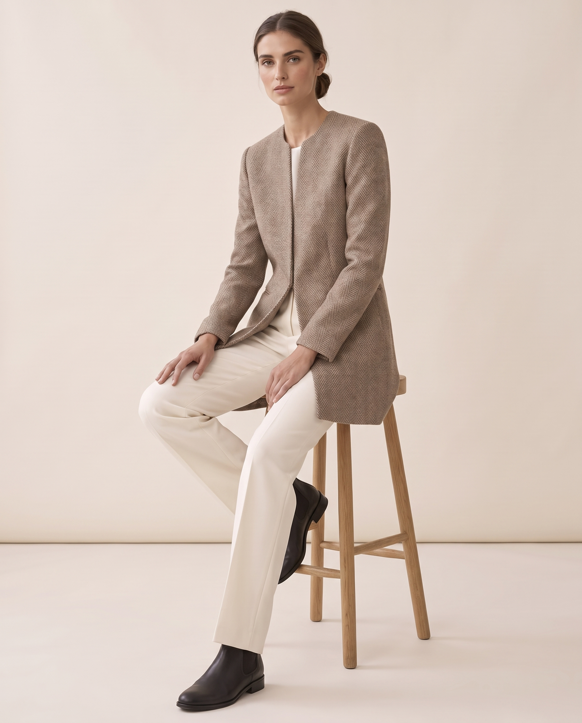 Foxley Herringbone Collarless Long Blazer — worn seated