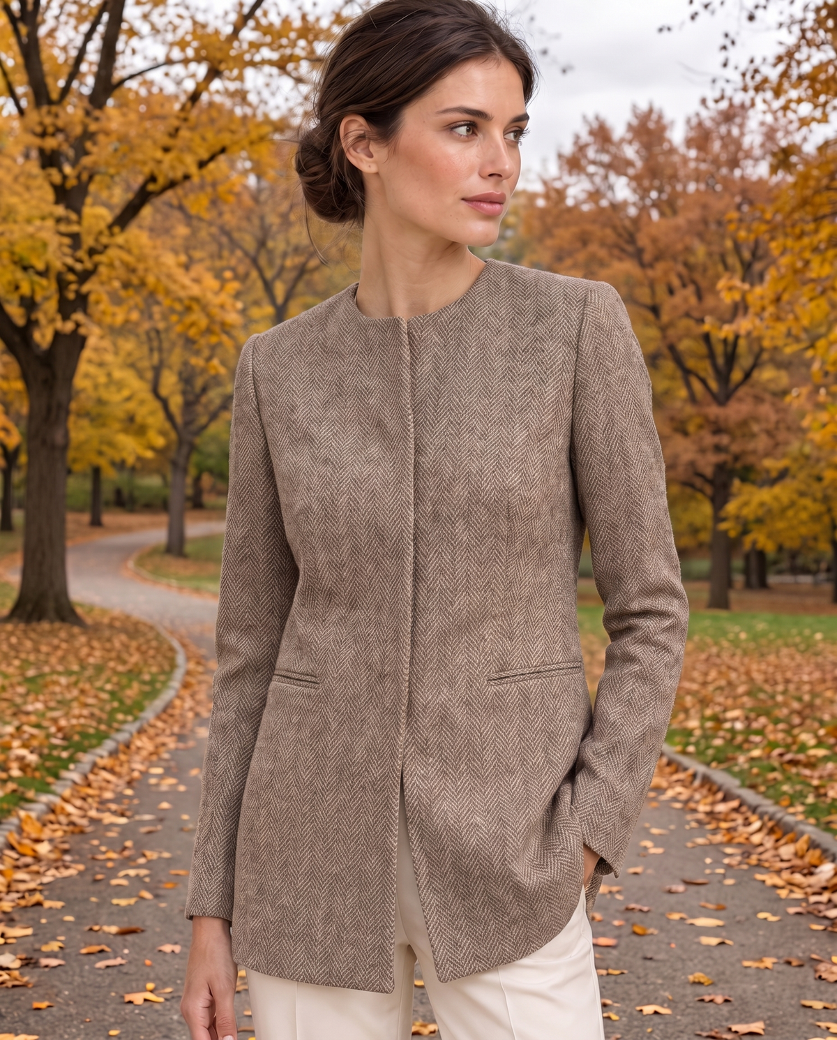 Foxley Herringbone Collarless Long Blazer — worn in Central Park in autumn