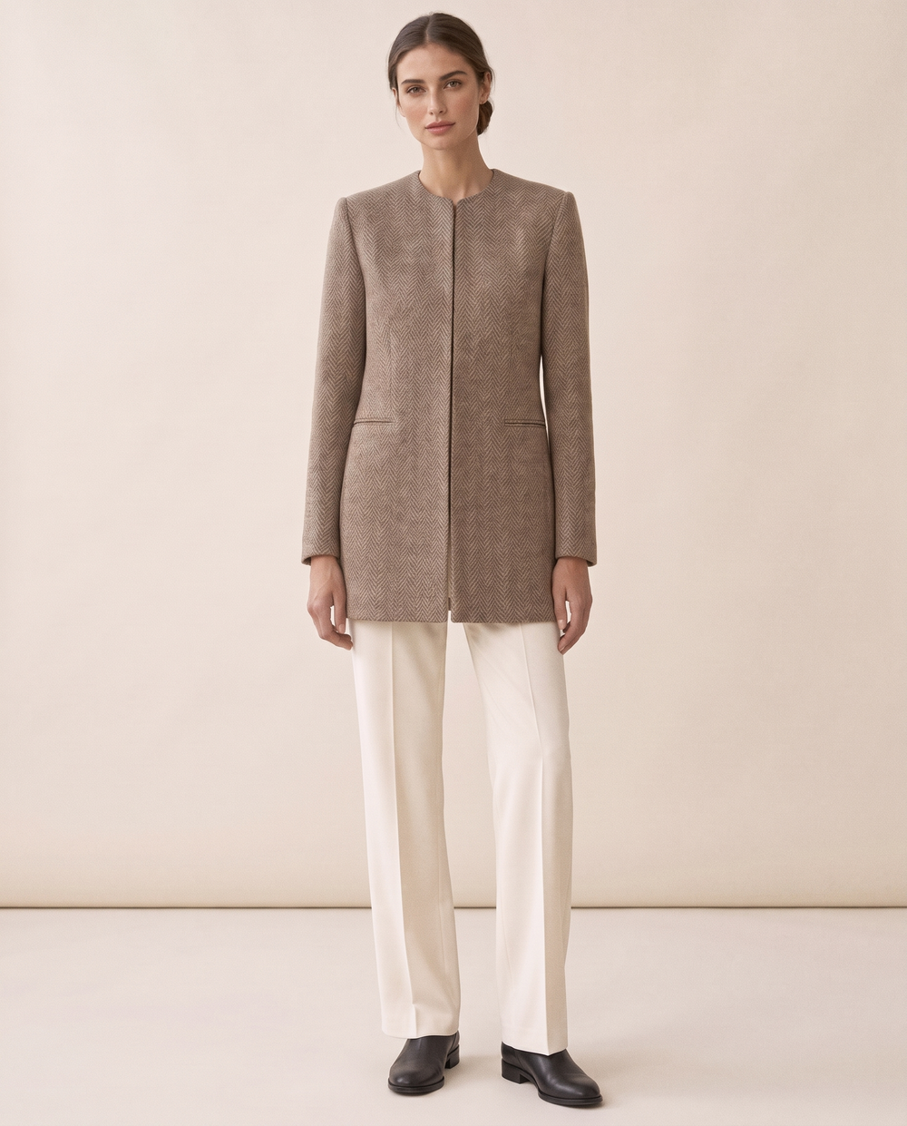 Foxley Herringbone Collarless Long Blazer — studio front