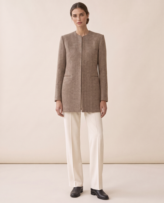 Foxley Herringbone Collarless Long Blazer — studio front
