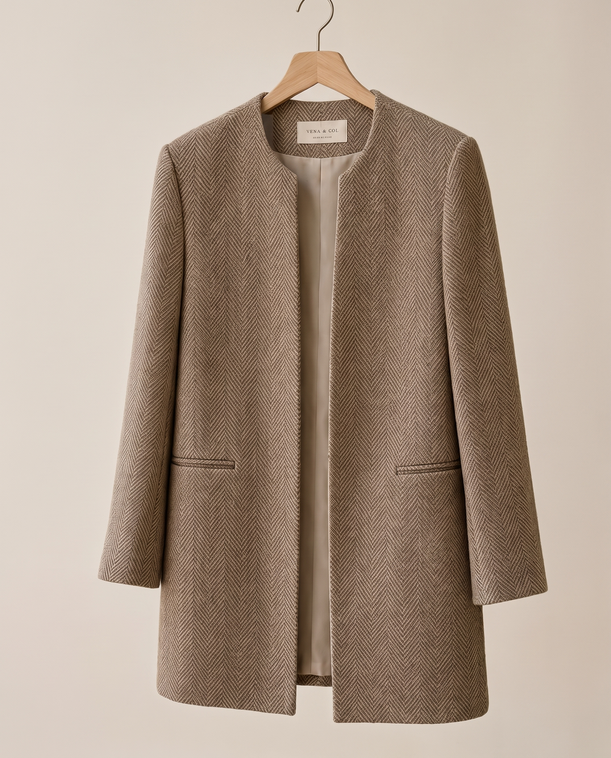 Foxley Herringbone Collarless Long Blazer — on hanger
