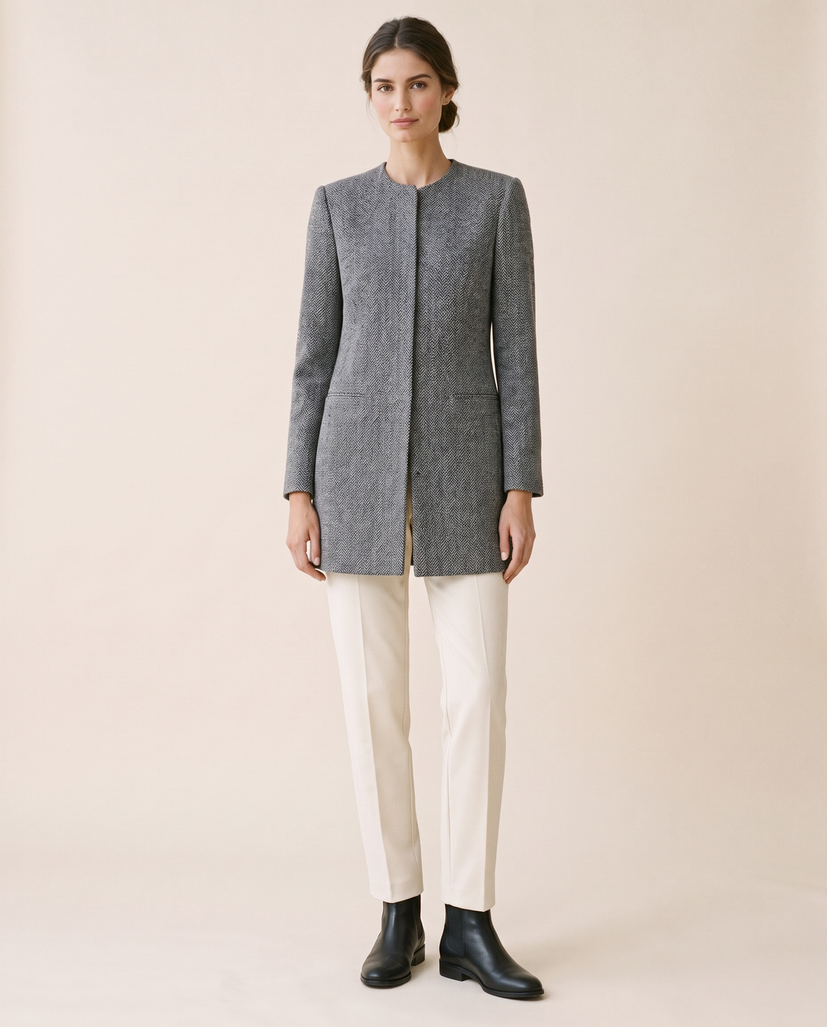 Foxley Herringbone Collarless Long Blazer — grey, studio front