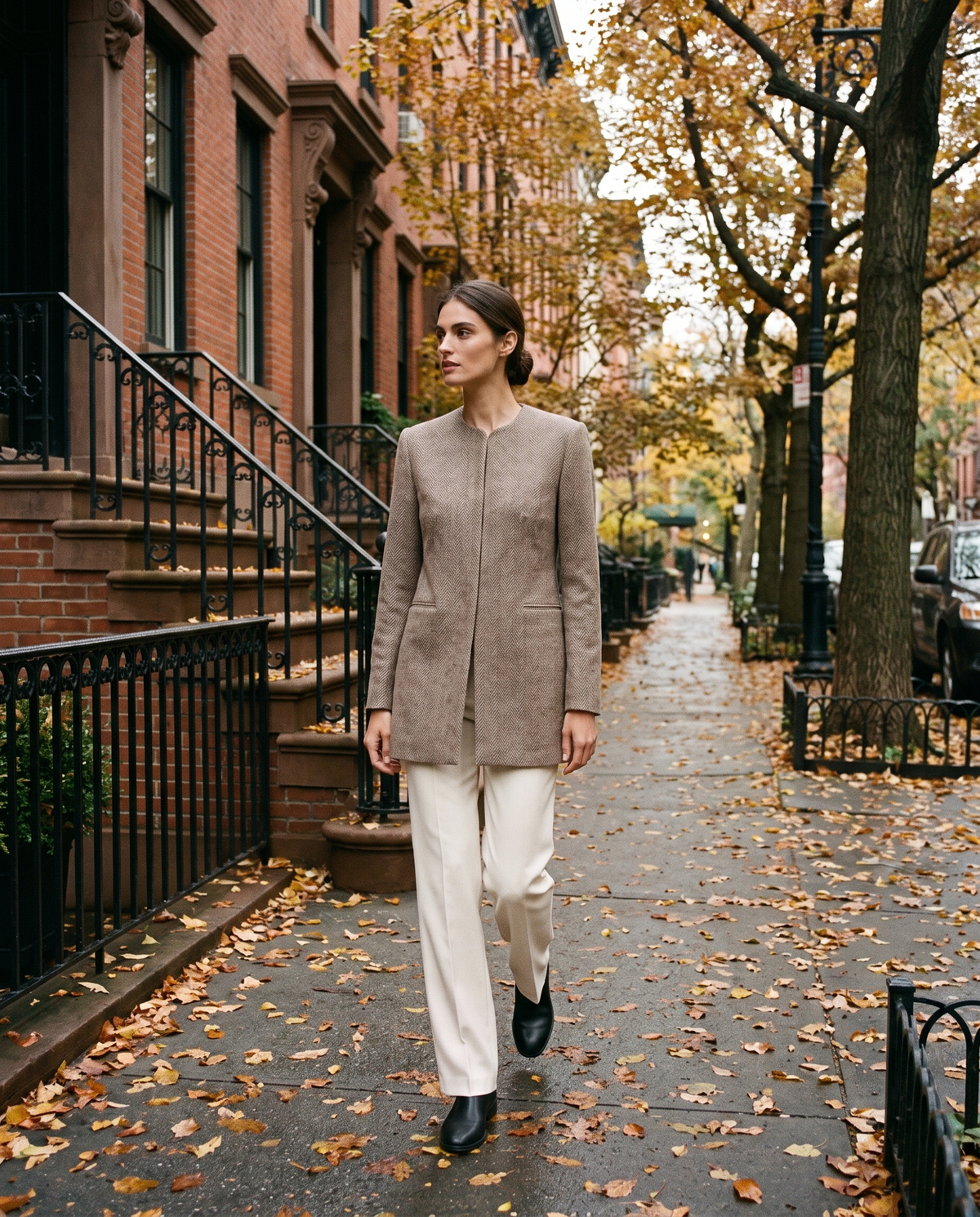 Foxley Herringbone Collarless Long Blazer — worn on a New York street in autumn
