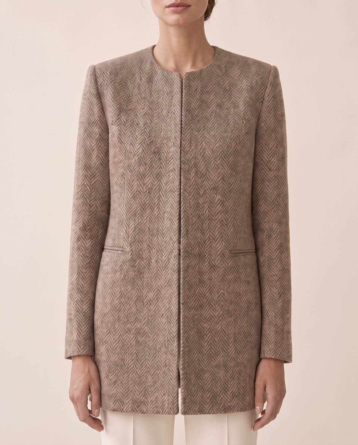 Foxley Herringbone Collarless Long Blazer — herringbone weave, worn