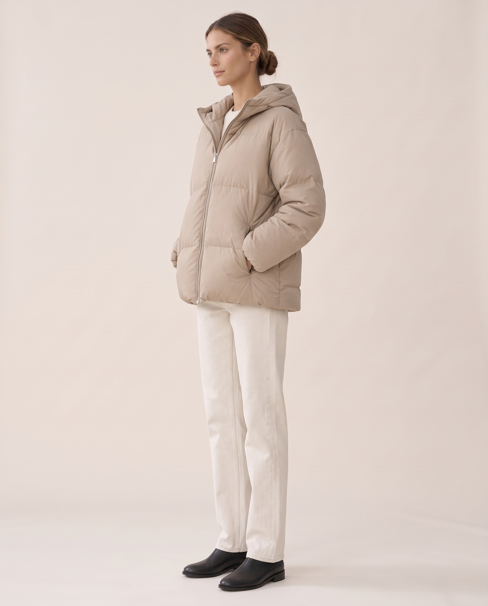 Loose Hooded Down Jacket for Women — three-quarter view