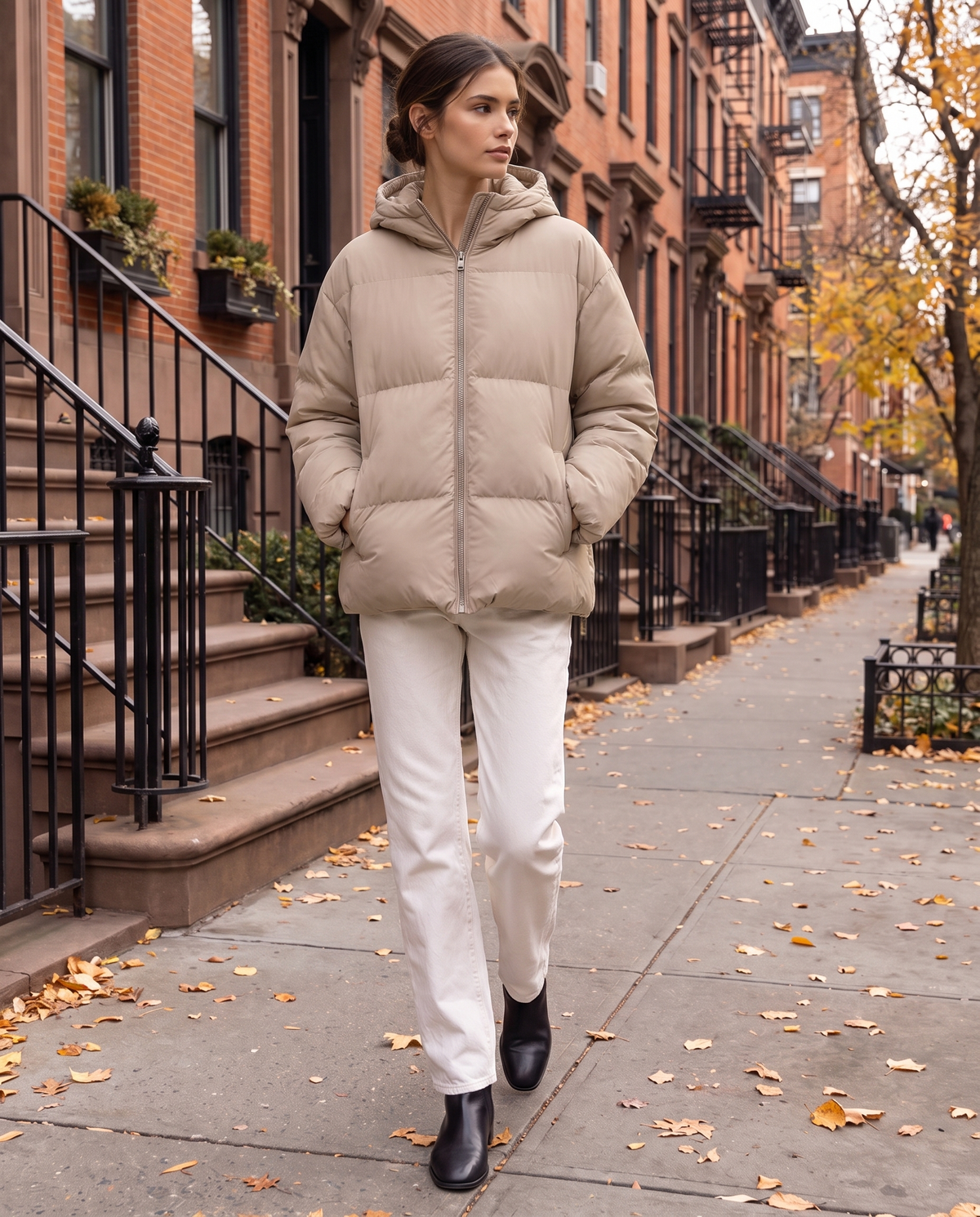Loose Hooded Down Jacket for Women — worn on a New York street in autumn