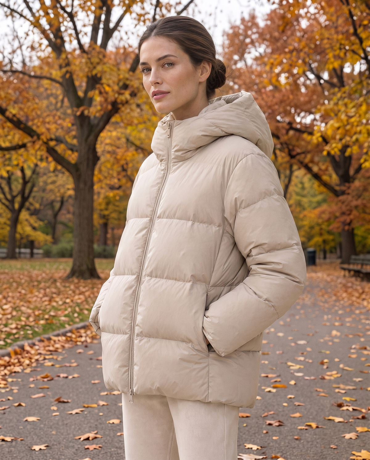 Loose Hooded Down Jacket for Women — worn in Central Park in autumn