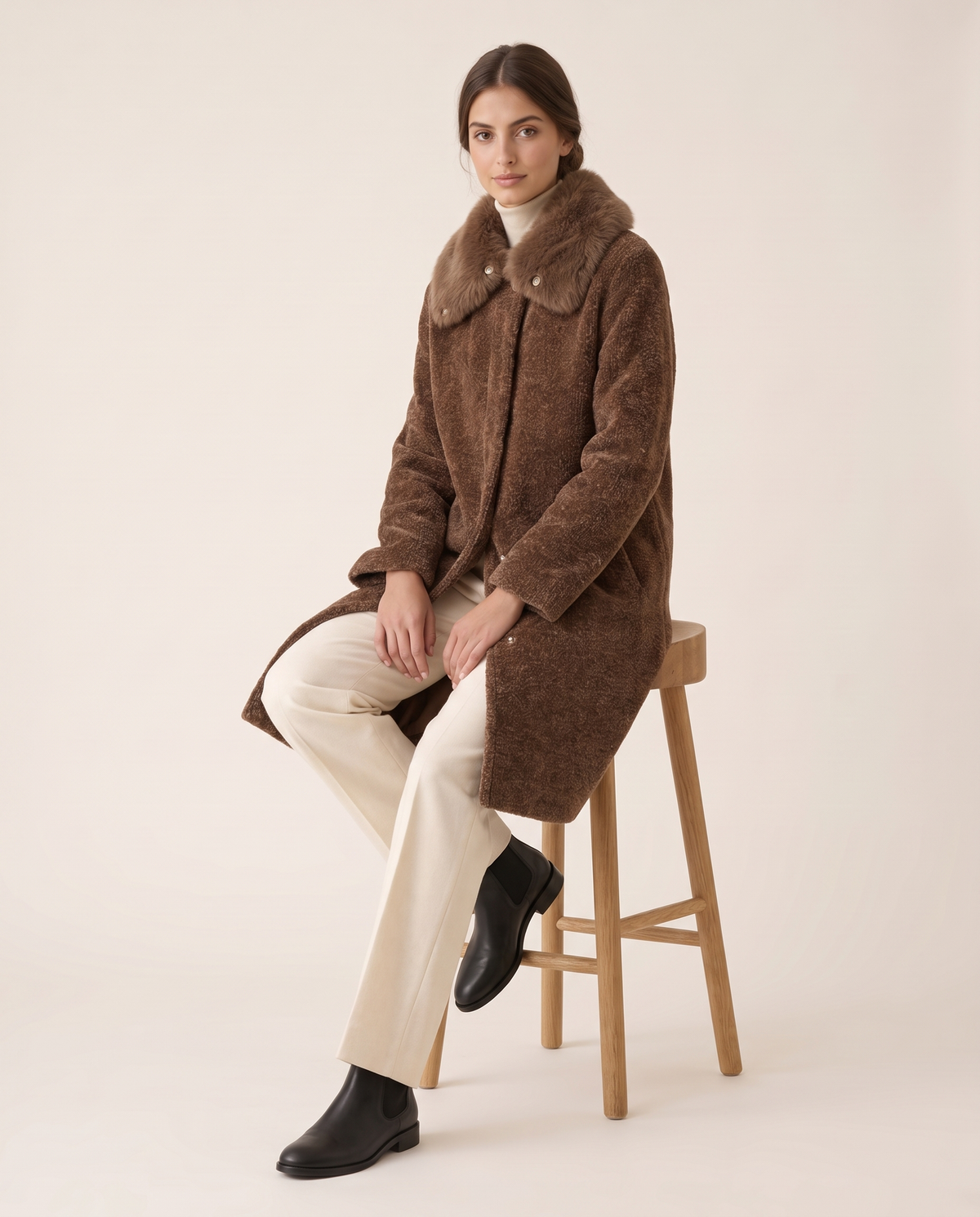 Chenille Coat with Detachable Fur Collar — worn seated