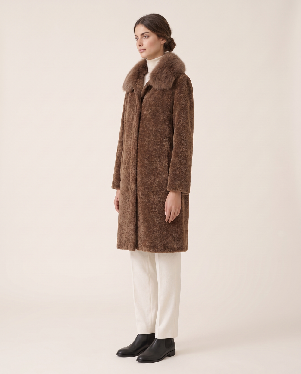 Chenille Coat with Detachable Fur Collar — three-quarter view
