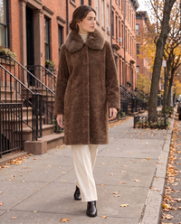 Chenille Coat with Detachable Fur Collar — worn on a New York street in autumn
