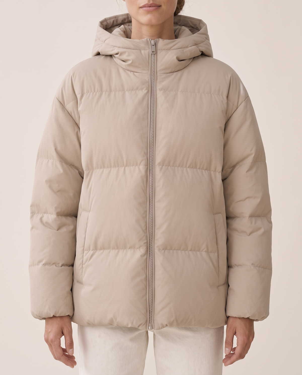 Loose Hooded Down Jacket for Women — hood and baffles, worn