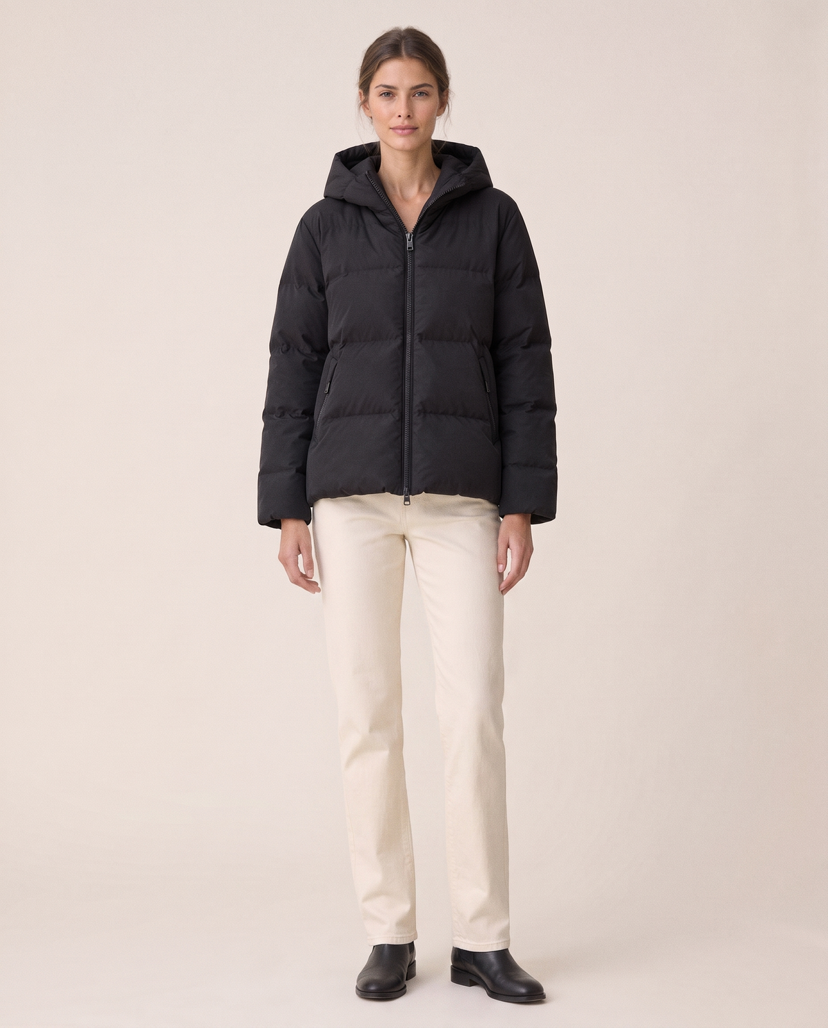 Loose Hooded Down Jacket for Women — black, studio front
