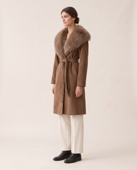 Belted Coat with Large Faux Fur Collar — three-quarter view