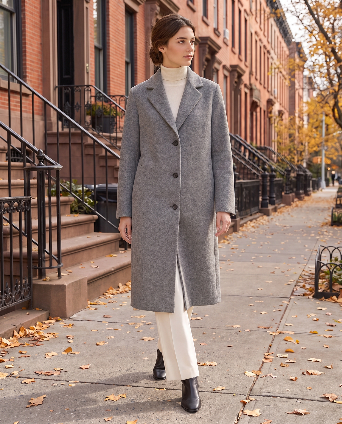 Mid-Length Wool-Blend Coat for Women — worn on a New York street in autumn