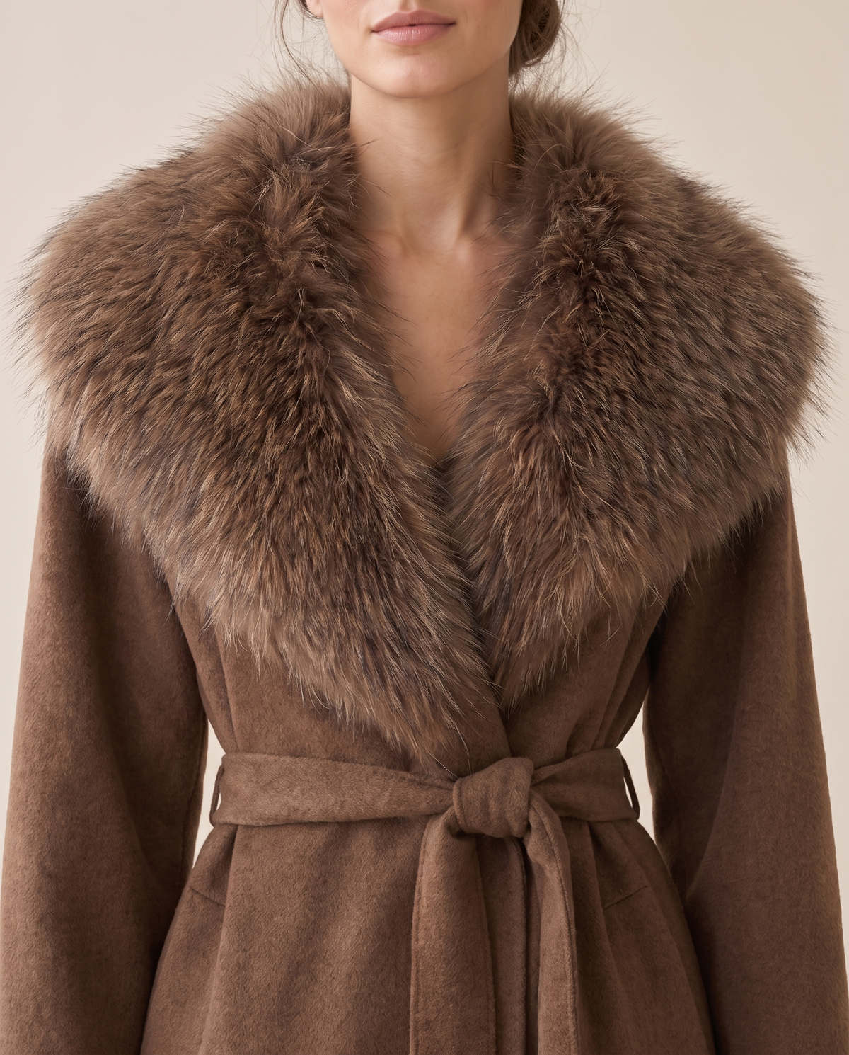 Belted Coat with Large Faux Fur Collar — fur collar and belt, worn