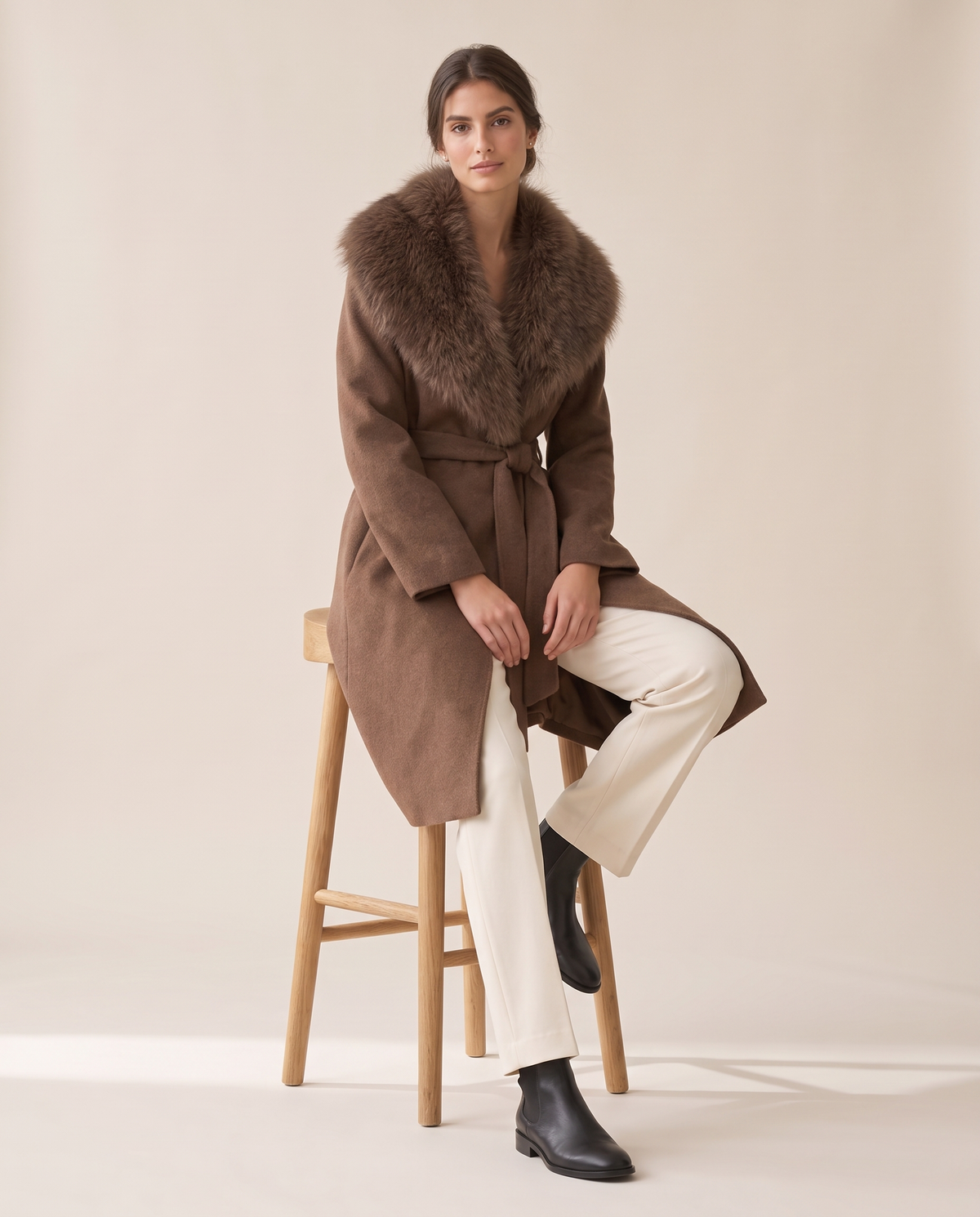 Belted Coat with Large Faux Fur Collar — worn seated