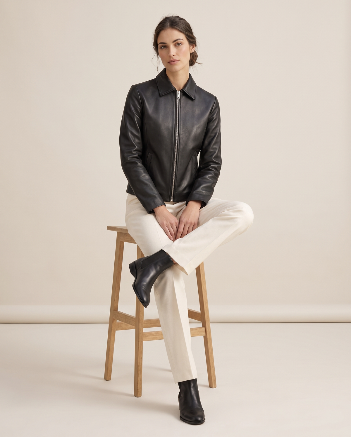 Faux Leather Jacket for Women — worn seated