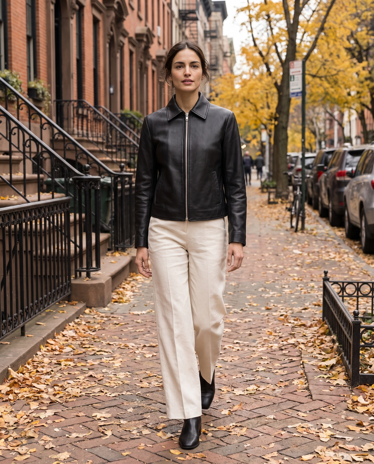 Faux Leather Jacket for Women — worn on a New York street in autumn