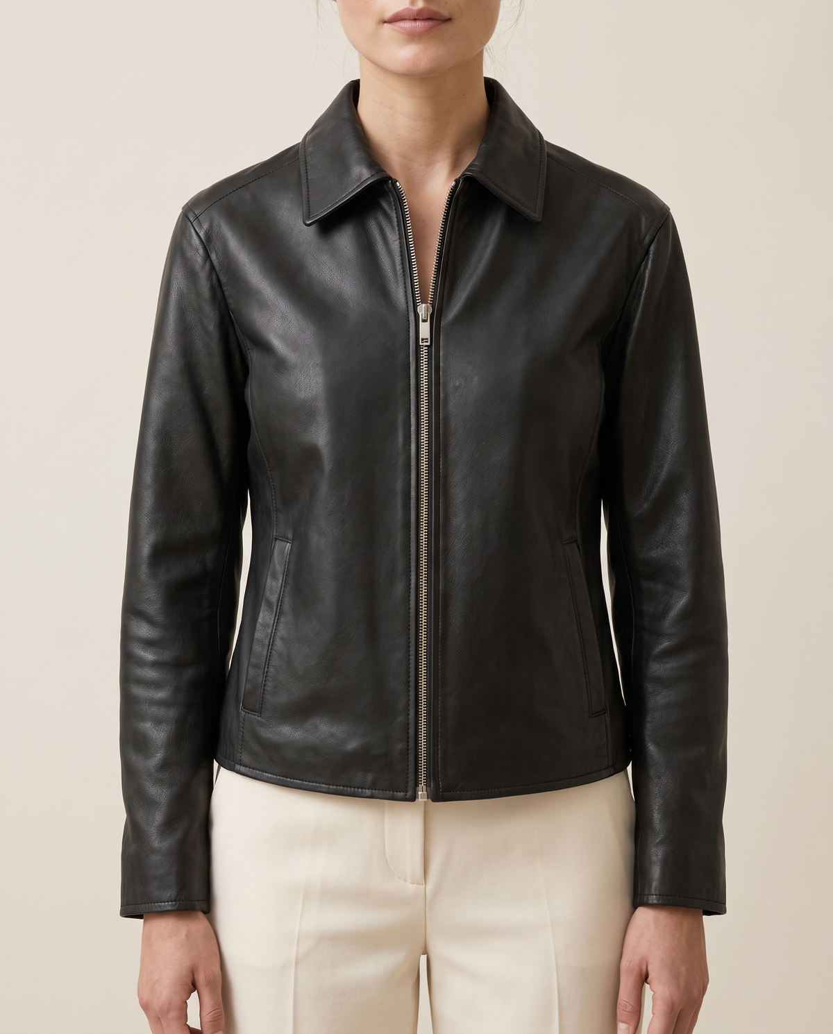 Faux Leather Jacket for Women — collar and zip, worn