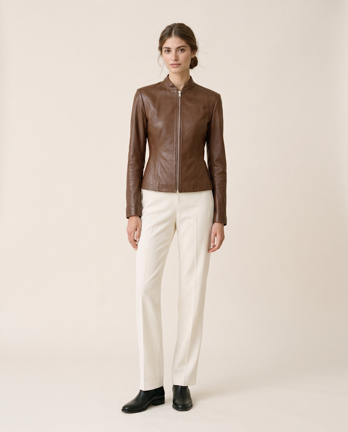Faux Leather Jacket for Women — brown, studio front