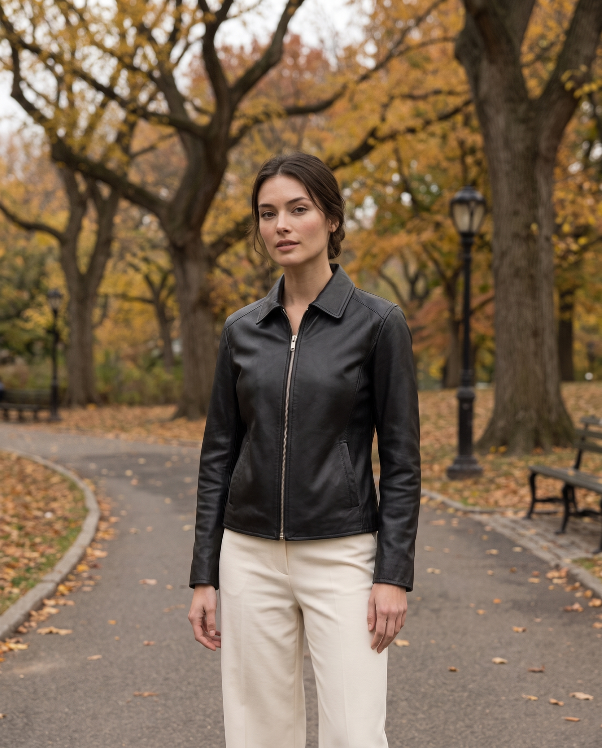 Faux Leather Jacket for Women — worn in Central Park in autumn