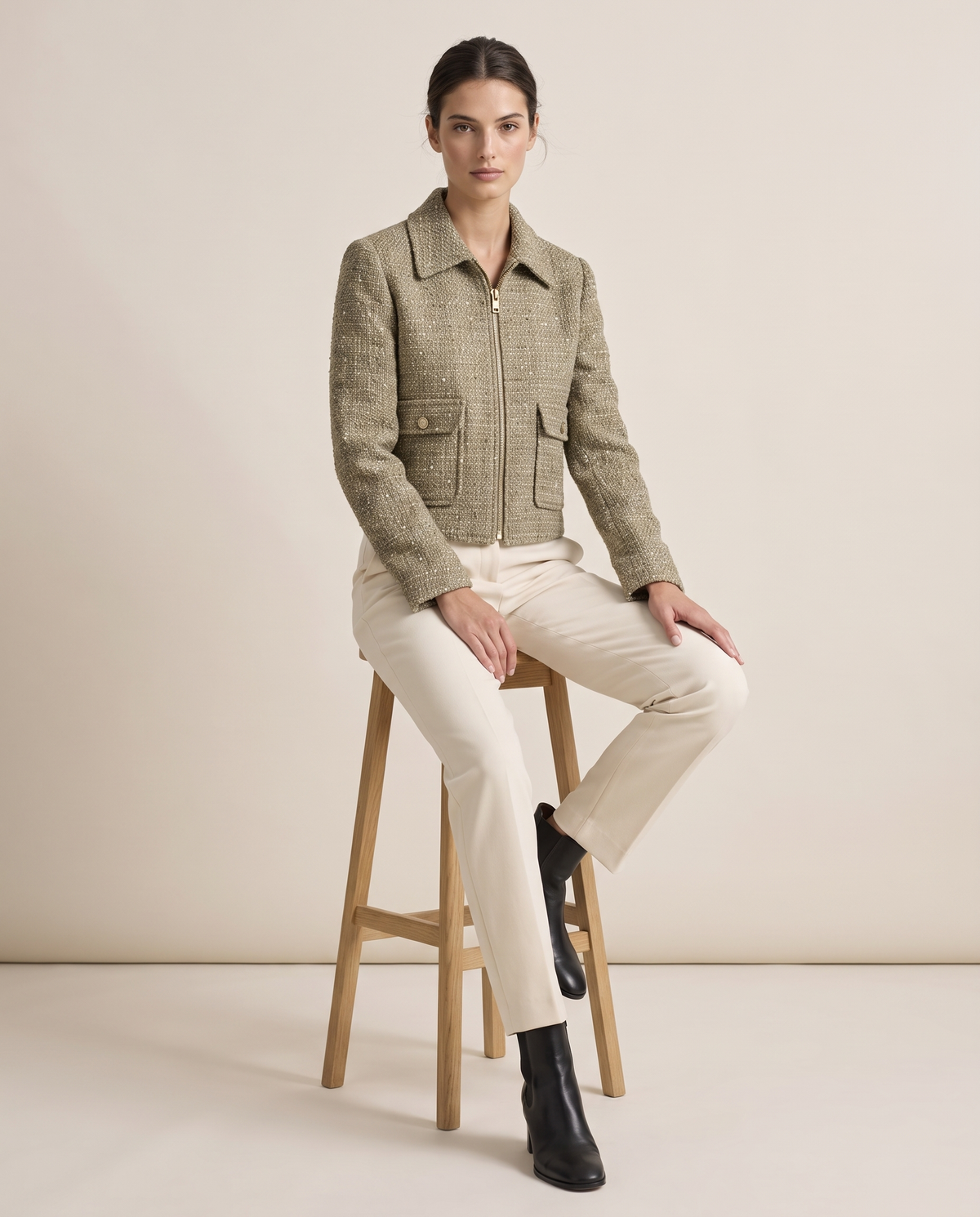 Tweed Zip Jacket for Women — worn seated