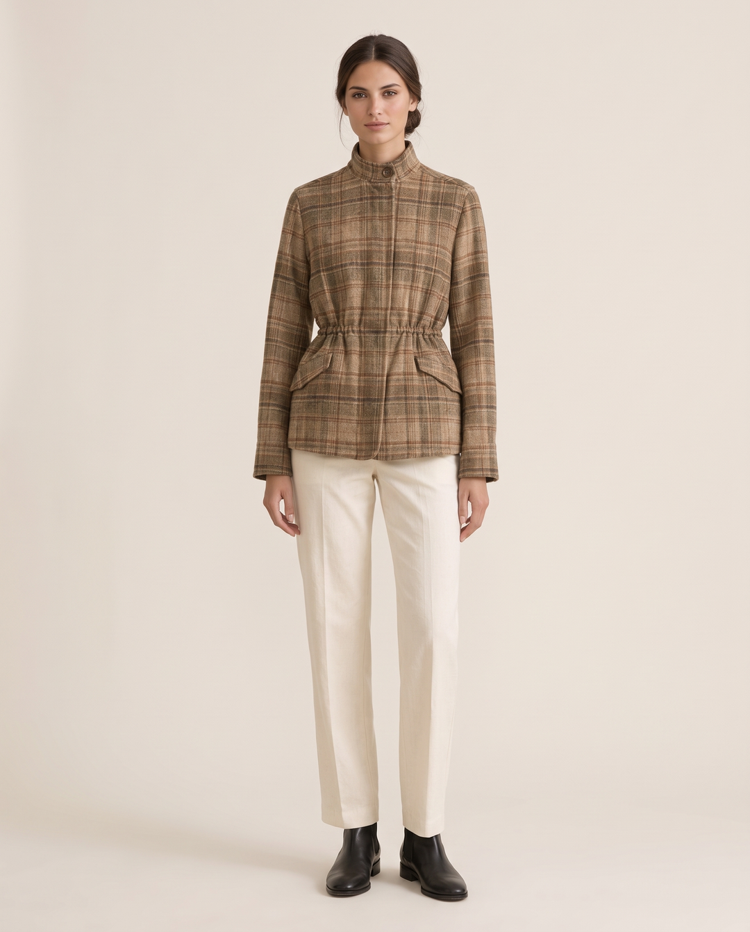 Vintage Plaid Waist-Cinched Jacket — studio front