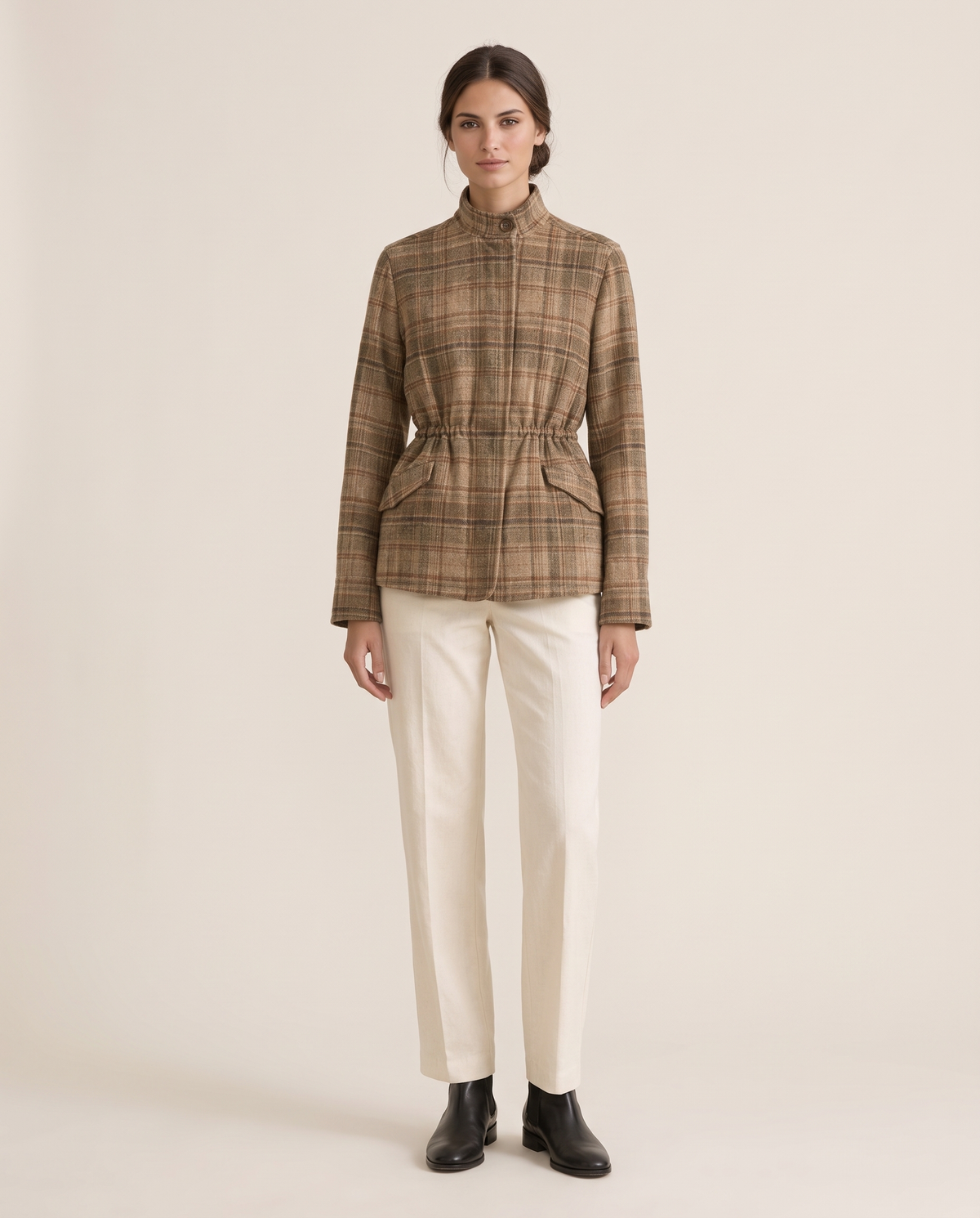 Vintage Plaid Waist-Cinched Jacket — studio front