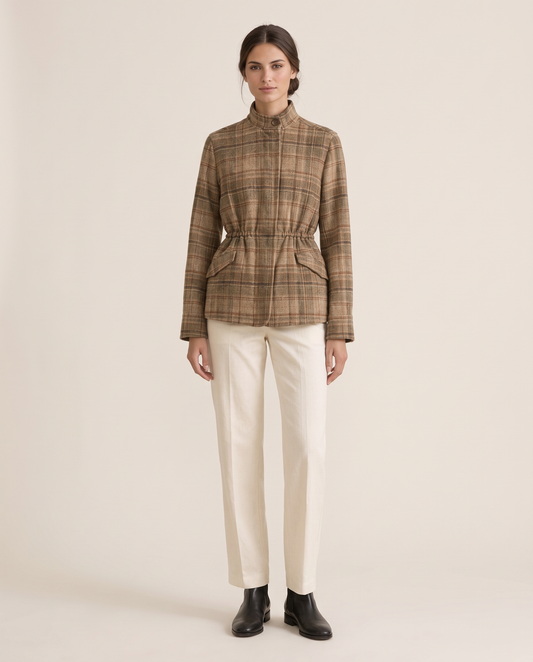 Vintage Plaid Waist-Cinched Jacket — studio front