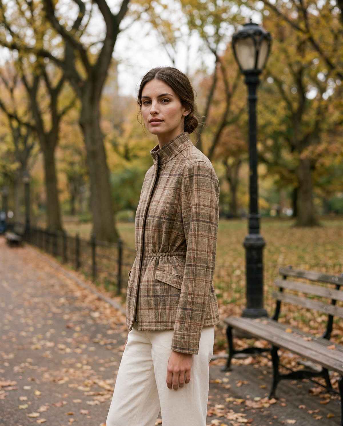 Vintage Plaid Waist-Cinched Jacket — worn in Central Park in autumn