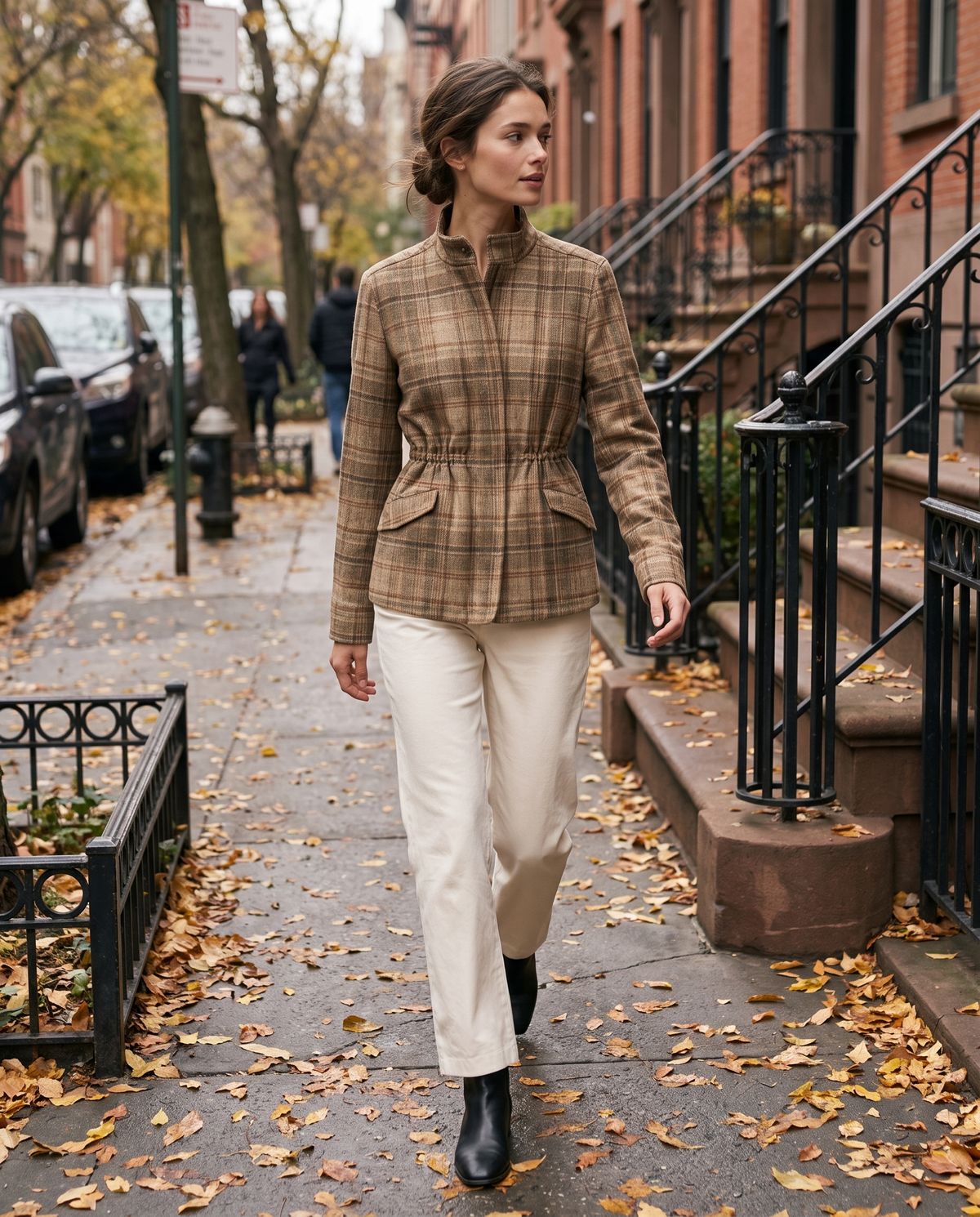 Vintage Plaid Waist-Cinched Jacket — worn on a New York street in autumn