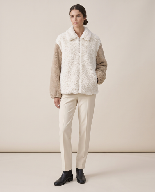 Loose Plush Shaggy Jacket with Contrast Sleeves — studio front