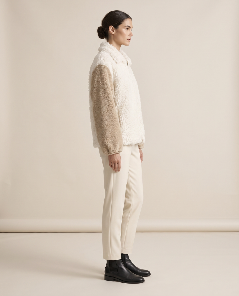 Loose Plush Shaggy Jacket with Contrast Sleeves — three-quarter view