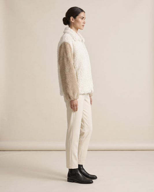 Loose Plush Shaggy Jacket with Contrast Sleeves — three-quarter view
