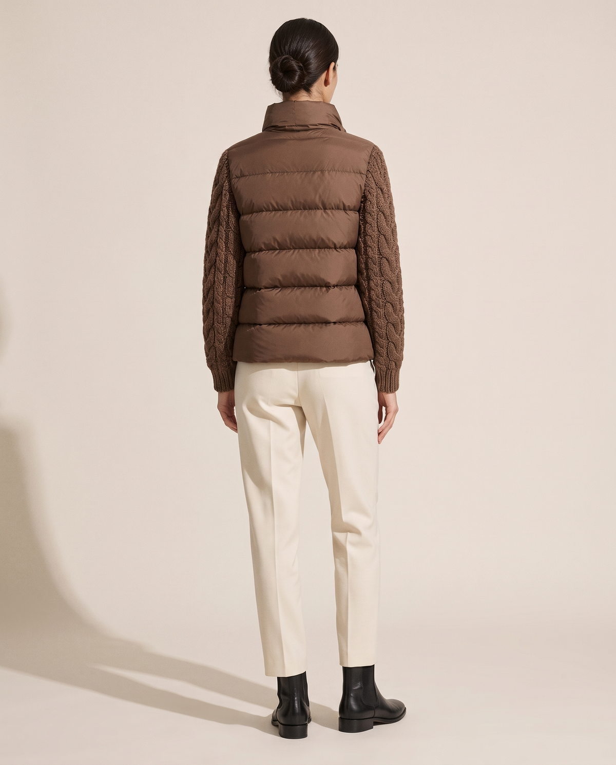 Down Puffer Jacket with Cable-Knit Sleeves — studio back