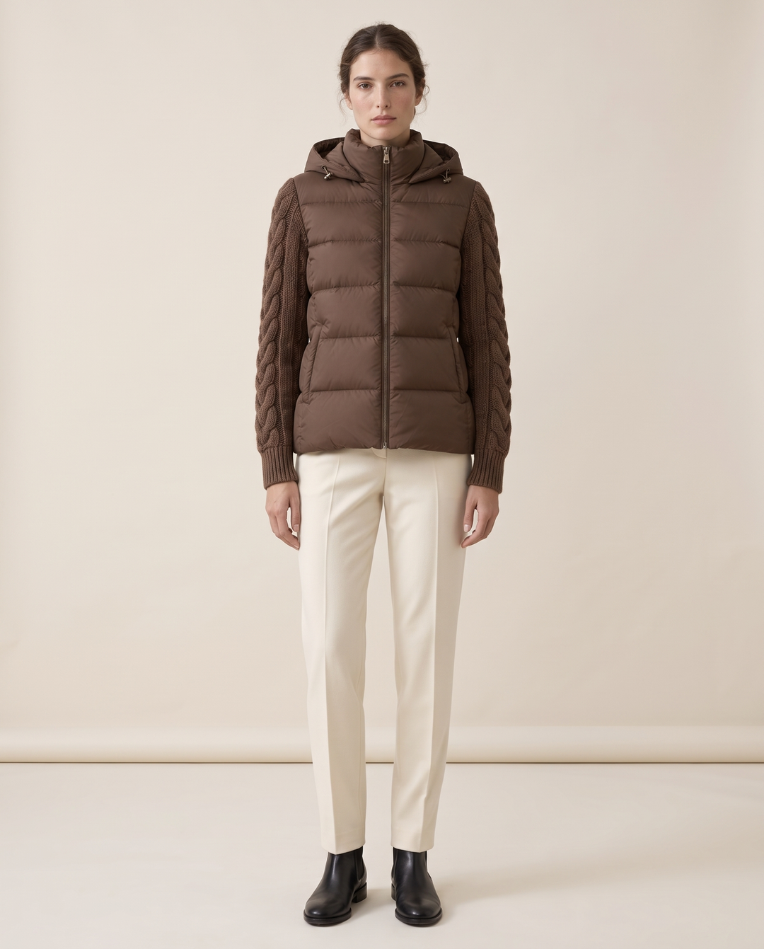 Down Puffer Jacket with Cable-Knit Sleeves — studio front