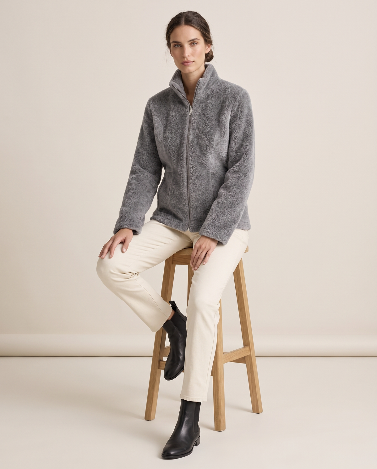 Faux-Mink Knit Zip Jacket with Stand Collar — worn seated