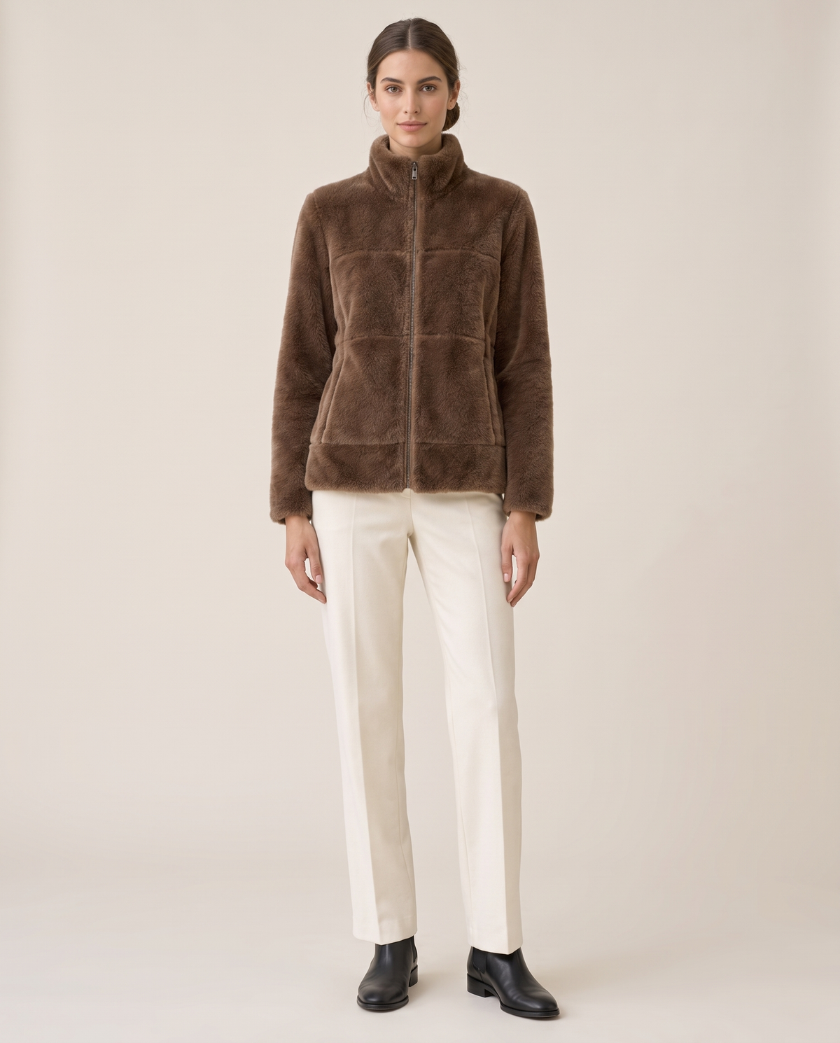 Faux-Mink Knit Zip Jacket with Stand Collar — brown, studio front