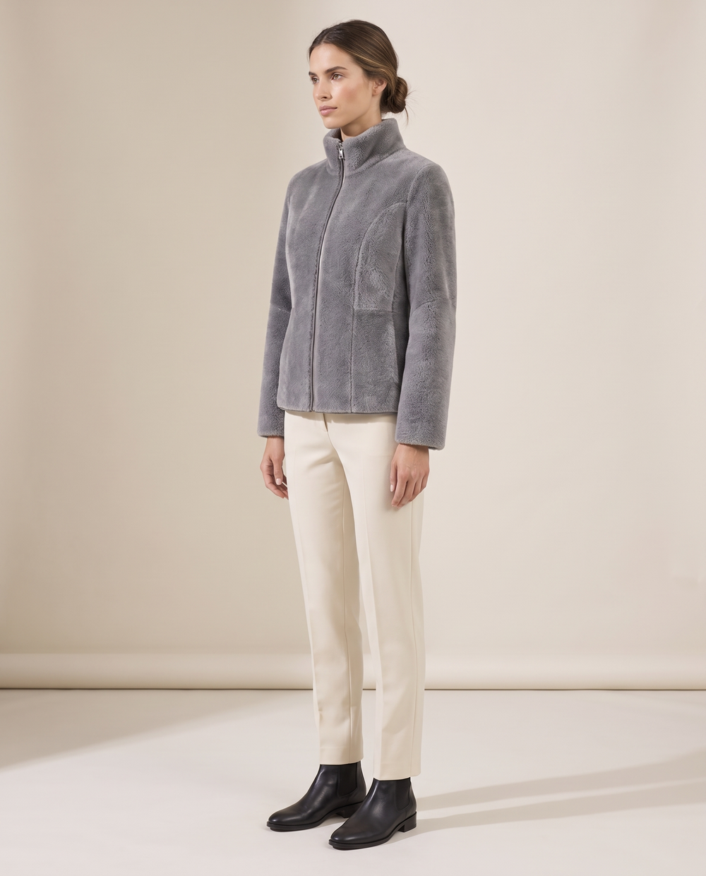 Faux-Mink Knit Zip Jacket with Stand Collar — three-quarter view