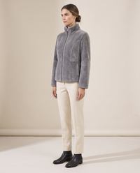 Faux-Mink Knit Zip Jacket with Stand Collar — three-quarter view