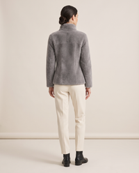 Faux-Mink Knit Zip Jacket with Stand Collar — studio back