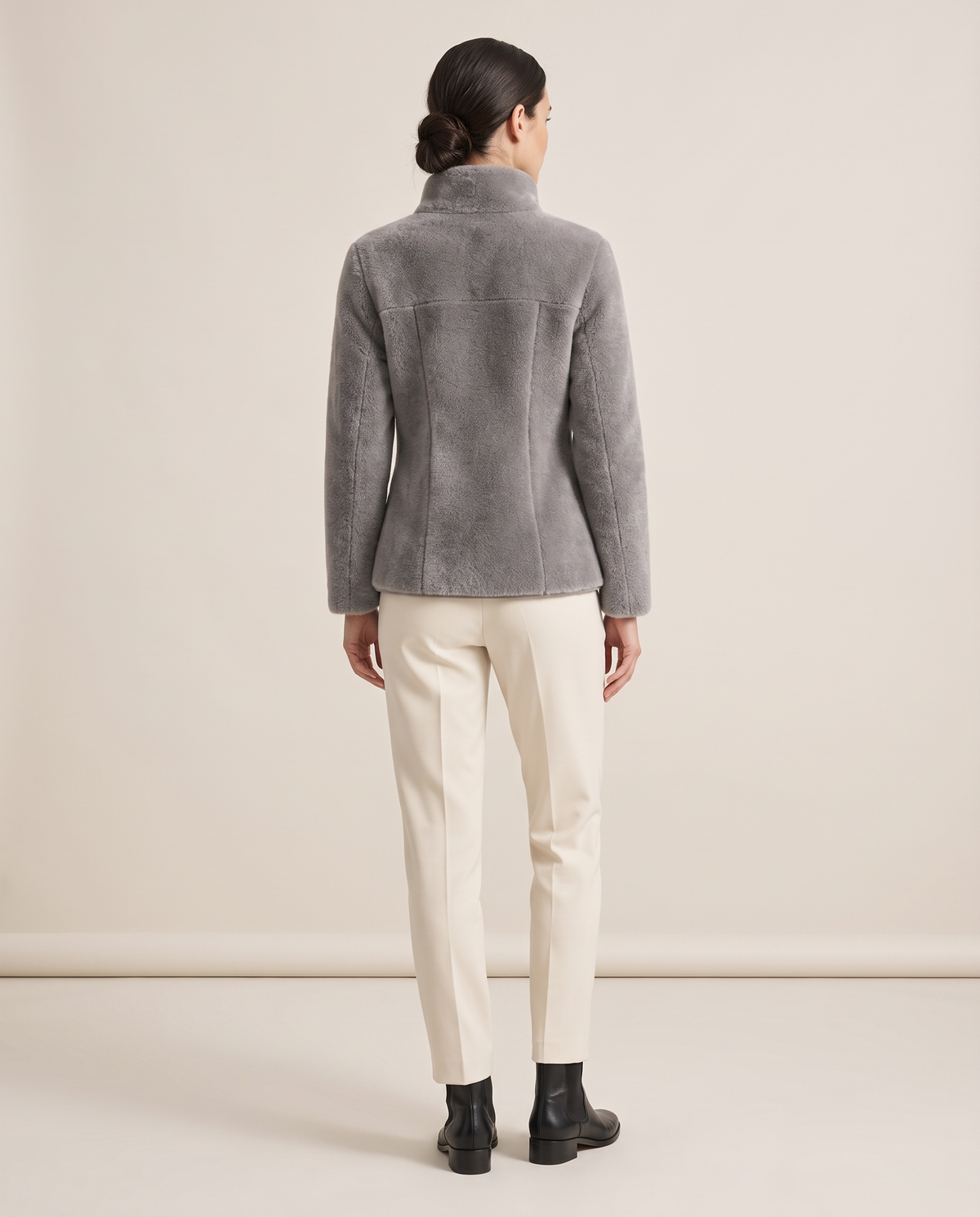 Faux-Mink Knit Zip Jacket with Stand Collar — studio back