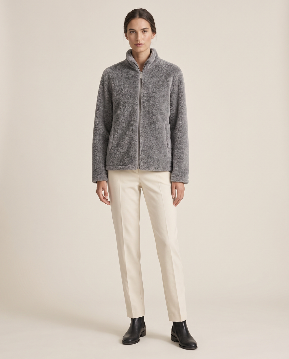 Faux-Mink Knit Zip Jacket with Stand Collar — studio front