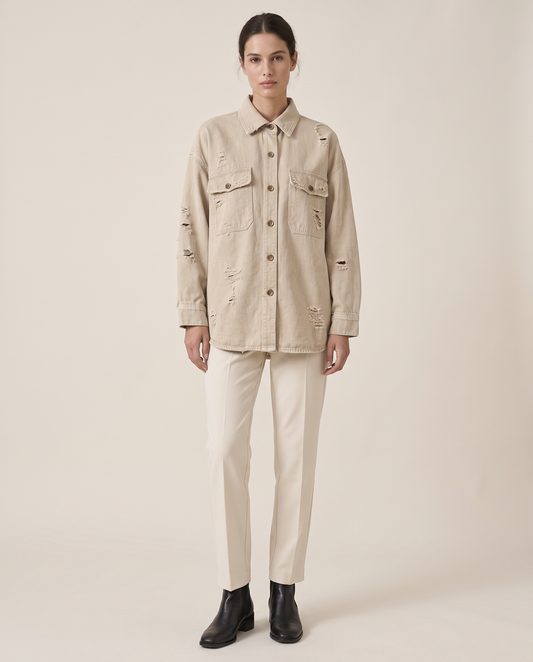 Distressed Shirt Jacket for Women — studio front