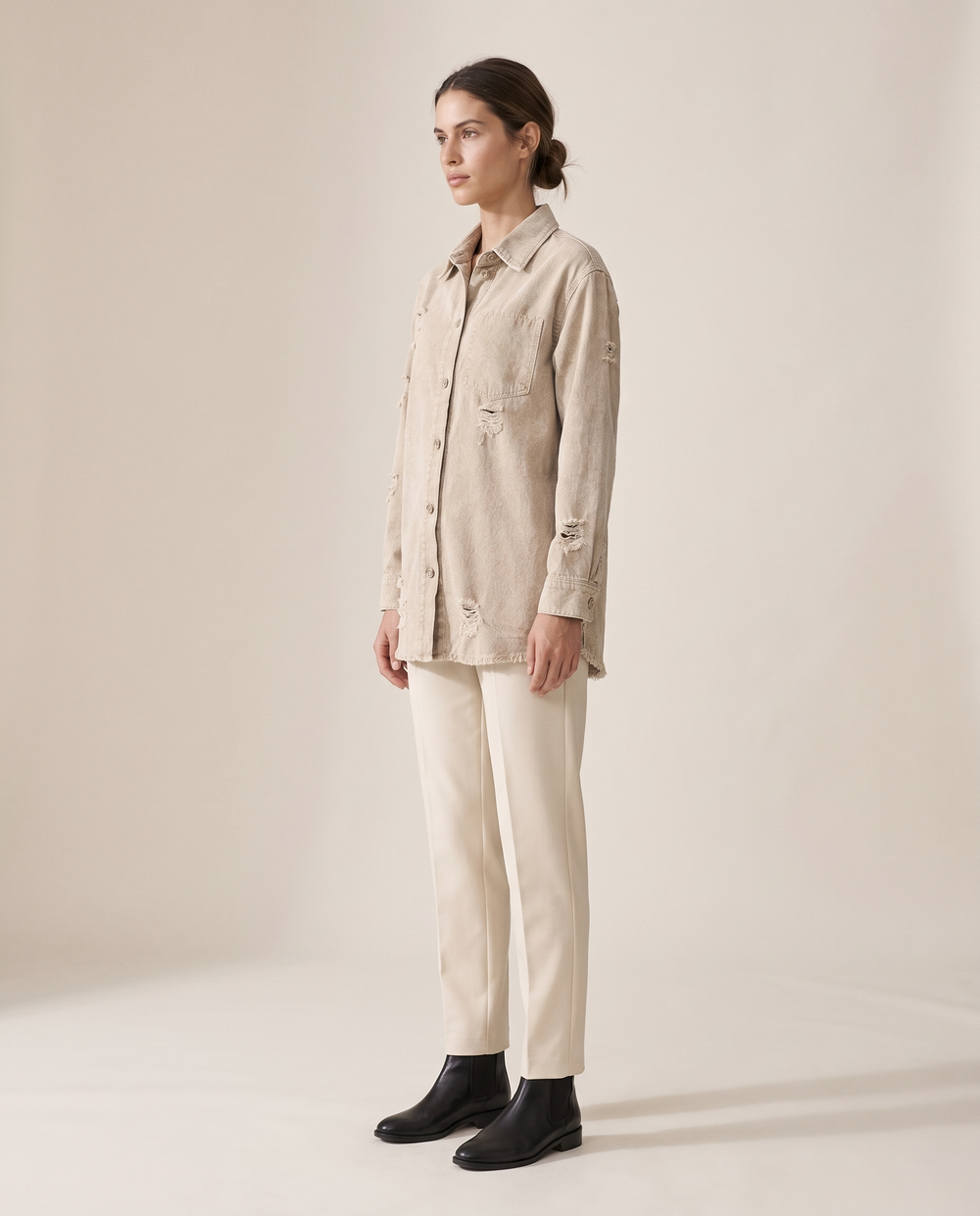 Distressed Shirt Jacket for Women — three-quarter view