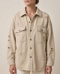 Distressed Shirt Jacket for Women — collar and pockets, worn
