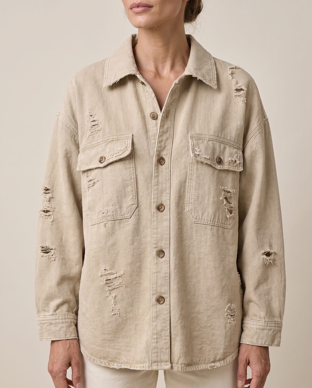 Distressed Shirt Jacket for Women — collar and pockets, worn