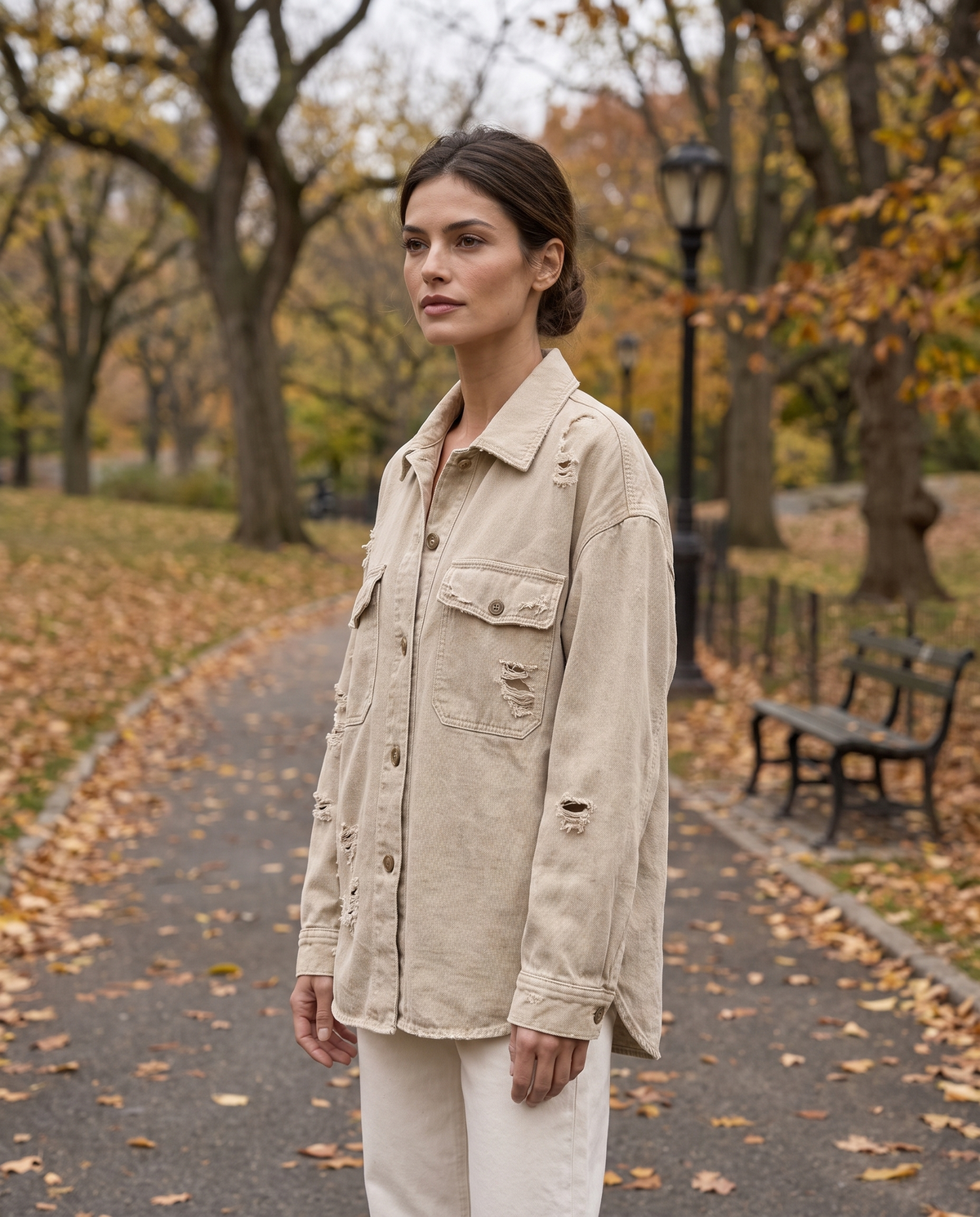 Distressed Shirt Jacket for Women — worn in Central Park in autumn