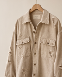 Distressed Shirt Jacket for Women — on hanger